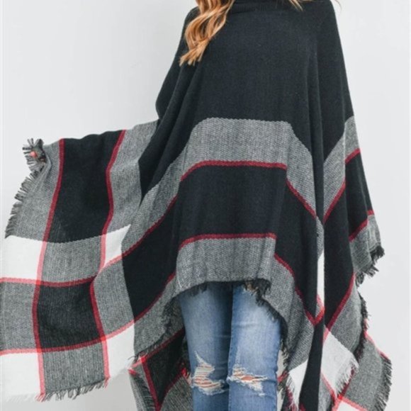 CHIC Plaid Print Knit Turtleneck Poncho Top - Picture 4 of 7